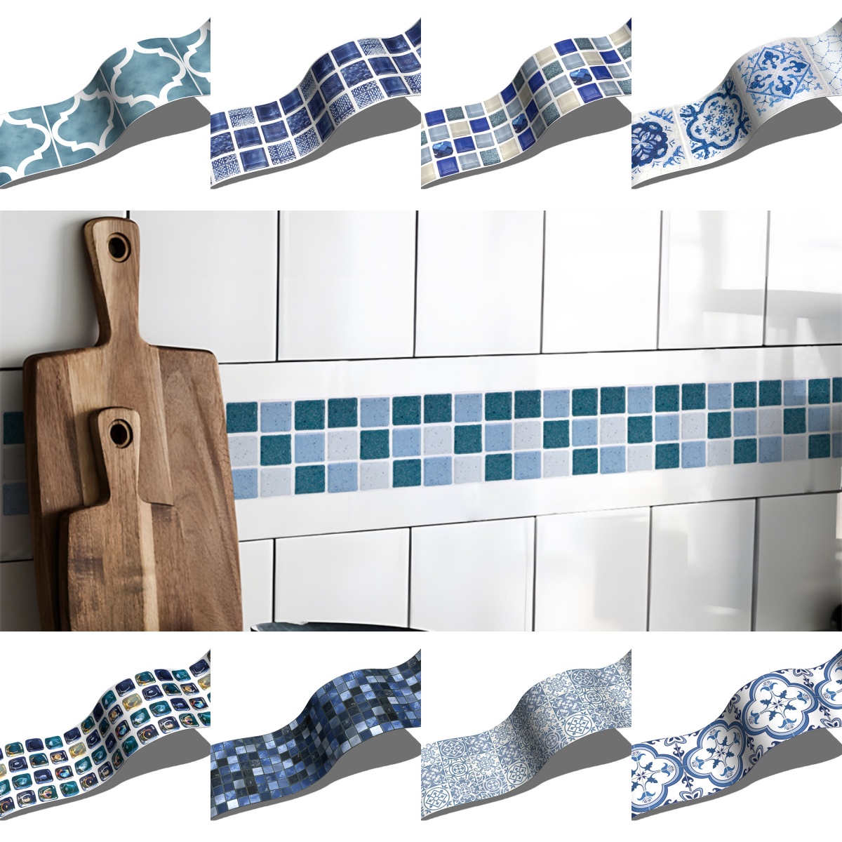 Ceramic Tile Blank - Mavi mozaik kendinden yapışkanlı süpürgelik duvar