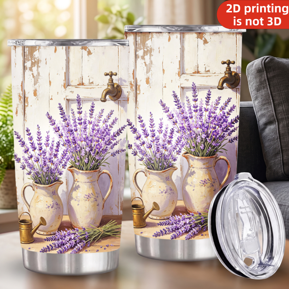 Tumbler 20Oz White - 20oz Fransız Kır Lavanta Desenli Paslanmaz